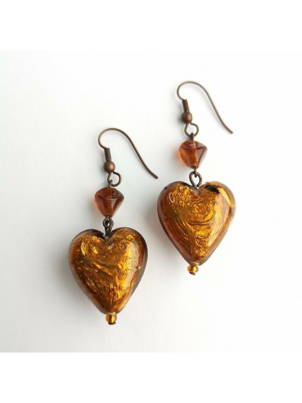 Vintage 90's Murano  amber glass silver foil hearts dangle drop earrings